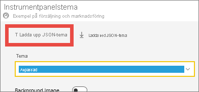 Skärmbild av fönstret Instrumentpanelstema med alternativet Ladda upp JSON-tema.