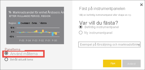 Skärmbild av fönstret Fäst på instrumentpanelen med alternativet Använd måltema.