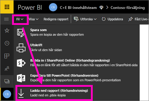 En skärmbild av filmenyn i Power BI-tjänst med alternativet Ladda ned en PBIX-fil markerat.