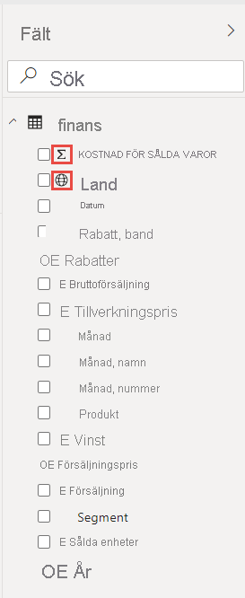 Skärmbild av fönstret Data som visar Excel-kolumner som fält i tabellen financials.