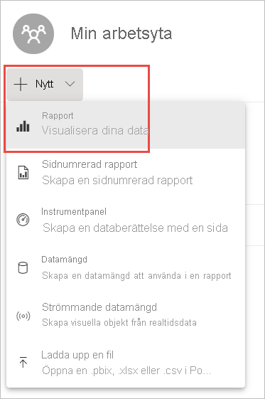 Skärmbild av Min arbetsyta, som markerar listrutan Ny och alternativet Ny rapport.