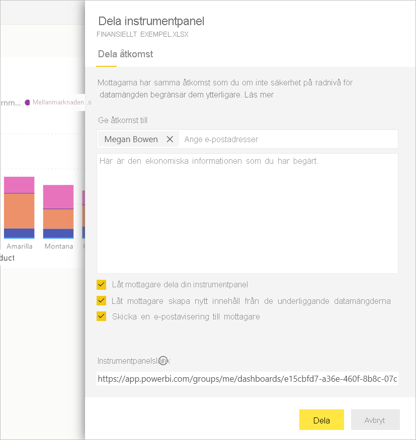 Skärmbild av fönstret Dela instrumentpanel med alla alternativ markerade.