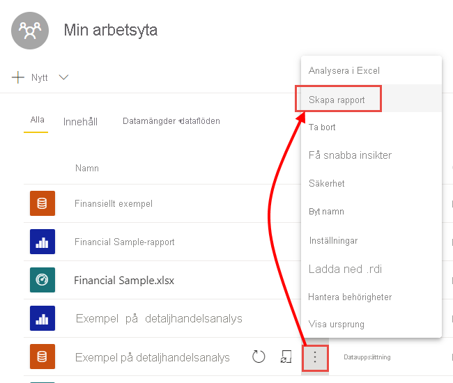 Skärmbild av Min arbetsyta med fler alternativ och Skapa rapport.