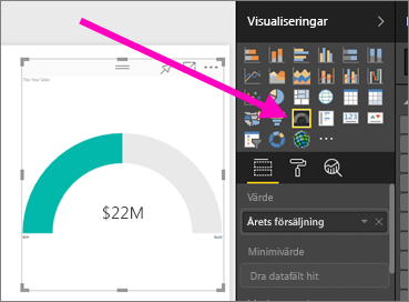 Skärmbild av det visuella objektet och fönstret Visualiseringar med ikonen Mätarmall markerad.