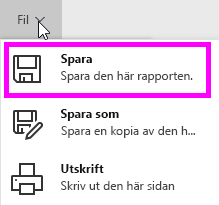 Skärmbild som markerar alternativet Spara den här rapporten.