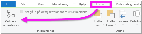 Skärmbild av menyn Power BI Desktop-format som markerar Redigera interaktioner.