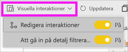 Skärmbild av Power BI-tjänst som markerar listrutan Visuella interaktioner.