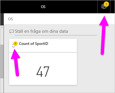 Skärmbild av meddelandeikonen och aviseringen i Power BI-tjänst meddelandecenter.