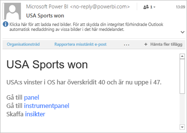 Skärmbild av ett exempel på ett e-postmeddelande med länkar till Power BI.