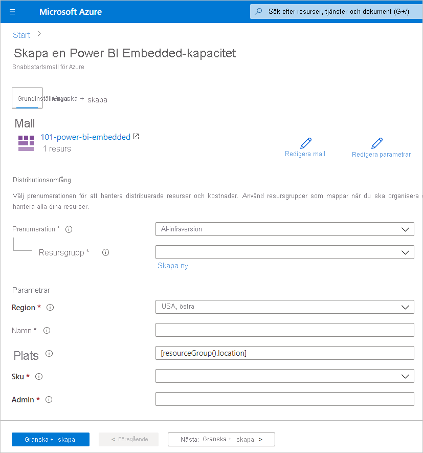 Skärmbild som visar fliken Grundläggande på sidan Skapa en Power BI Embedded-kapacitet för att skapa ny kapacitet i Azure Portal.