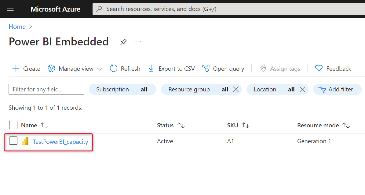 Skärmbild av Azure-portalen, som visar kapacitetslistan för Power BI Embedded.