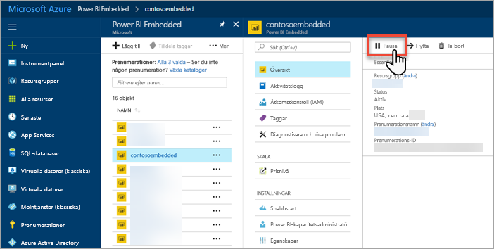 Skärmbild av Azure-portalen som visar den markerade pausknappen.
