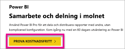 Skärmbild som visar erbjudandet om kostnadsfri utvärderingsversion av Power BI.
