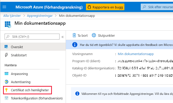 Skärmbild av översiktssidan för den nya appen. Certifikat och hemligheter är markerade i navigeringsfönstret.