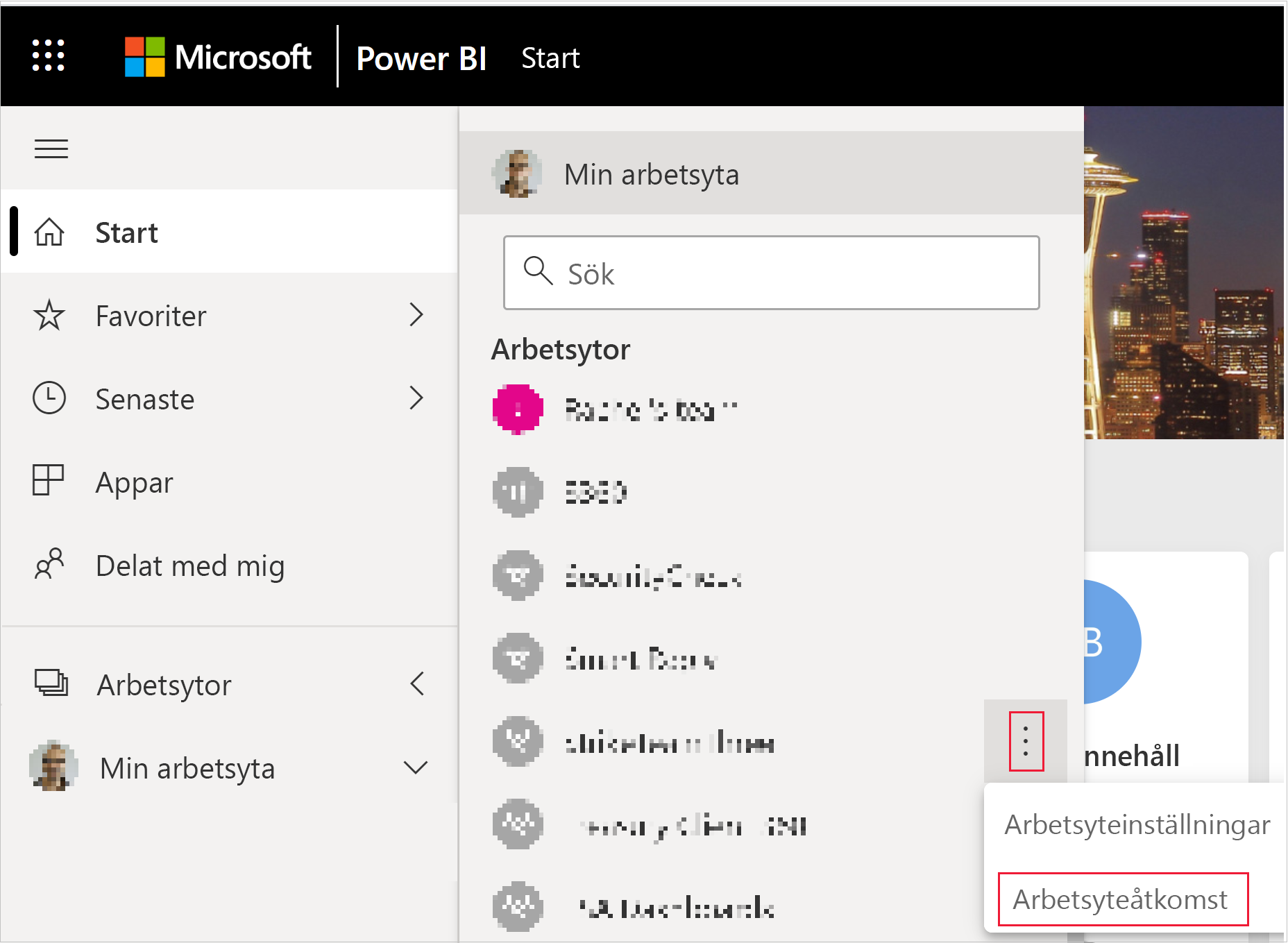 Skärmbild som visar åtkomstknappen för arbetsytan i menyn mer på en Power BI-arbetsyta.