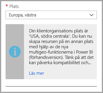 Screenshot of the Azure portal capacity creation screen, which shows the capacity's location is different than the default tenant location.