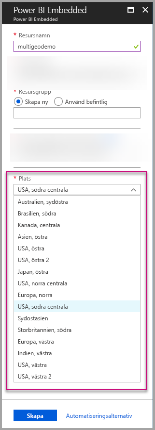 Screenshot of the Azure portal capacity creation screen, which shows the highlighted location drop-down menu.