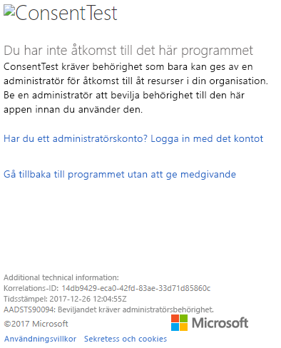 Skärmbild av inloggningsdialogrutan för Azure-portalens fönster, som visar behörighetsfelet Medgivandetest.