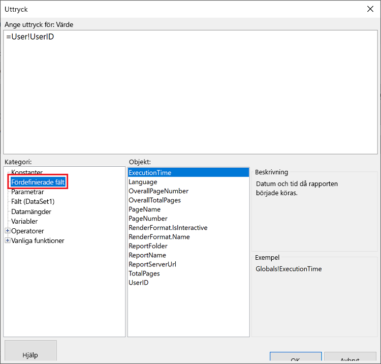 Skärmbild som visar fönstret Uttryck med inbyggda fält valda som Kategori och ExecutionTime valda som Objekt.