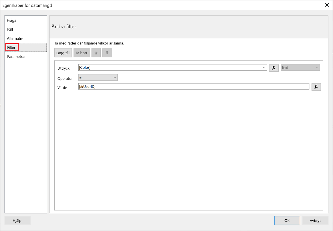 Skärmbild av Power BI Report Builder-filtret.