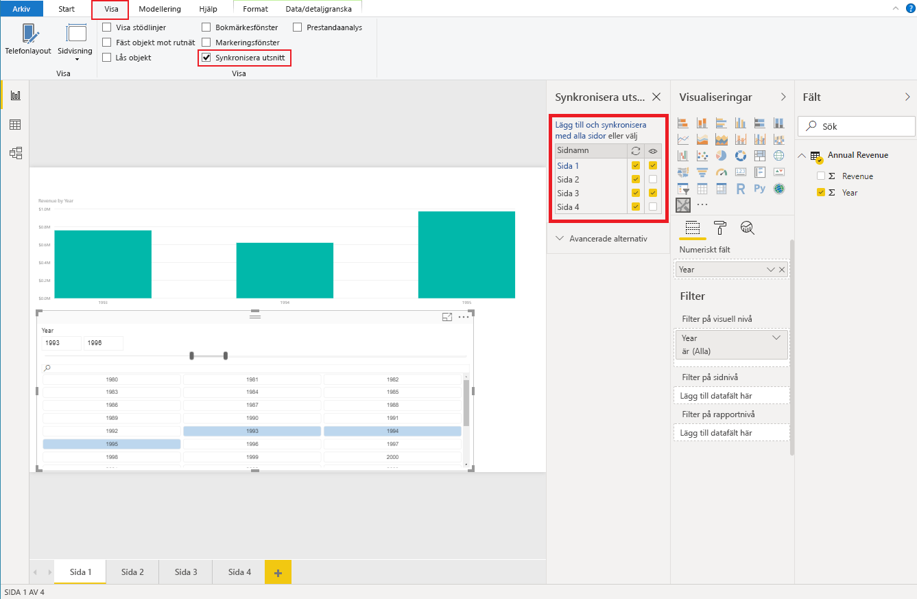 Skärmbild av Power BI Desktop, som visar fönstret Visa synkroniseringsutsnitt.