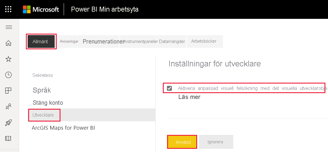 Skärmbild av läget Aktivera utvecklare på fliken Inställningar för Utvecklare i Power BI-inställningarna.