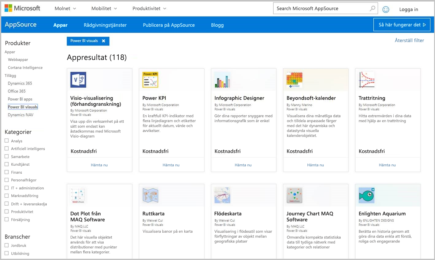 Skärmbild av visuella Power BI-objekt i AppSource.