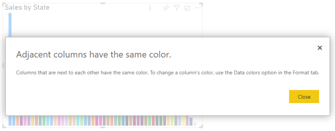 A screenshot showing a warning message triggered by selecting a warning icon in a Power BI visual.