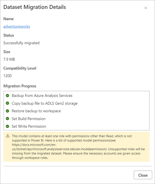 Model migration details showing completion.