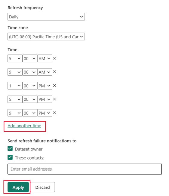 Screenshot showing the refresh frequency section with multiple times set. Add another time and apply are highlighted.