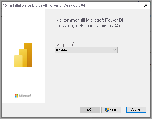 Skärmbild av Power BI Desktop-installationen som visar installationsguiden.