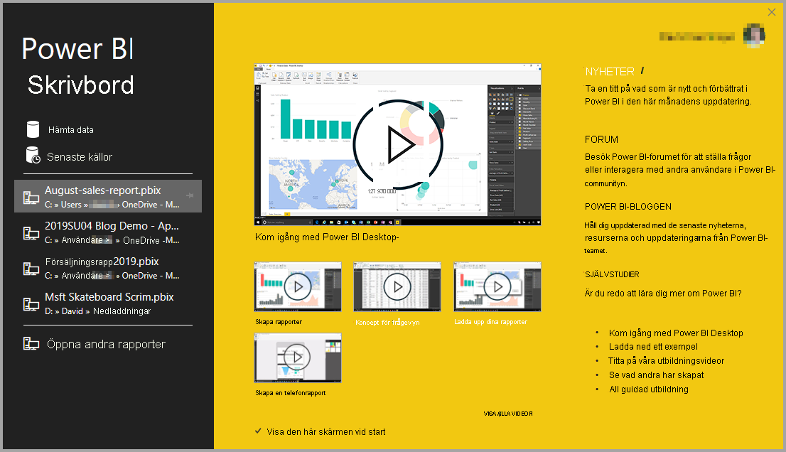 Skärmbild av Power BI Desktop-installationen som visar välkomstskärmen.