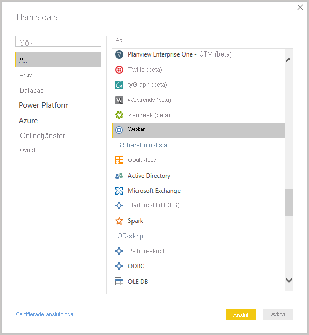 Skärmbild av Power BI Desktop som visar verktyget Hämta data.