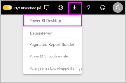 Skärmbild av Power BI-tjänsten som visar alternativet Ladda ned Power BI Desktop.