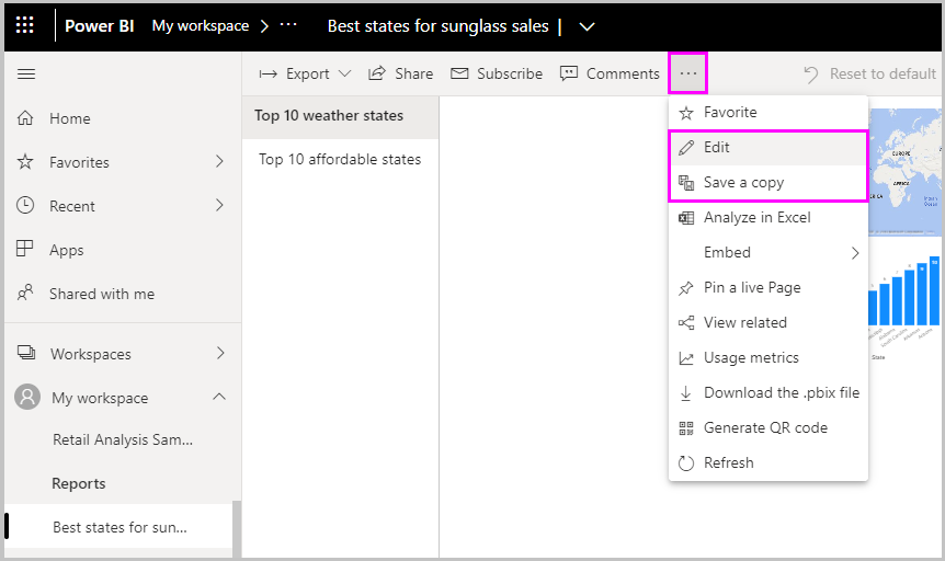 Skärmbild av Power BI Desktop som visar alternativet Redigera.