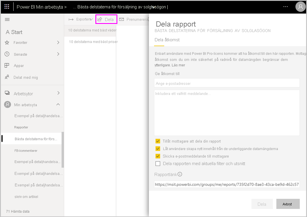 Skärmbild av Power BI Desktop som visar skärmen Dela rapport.