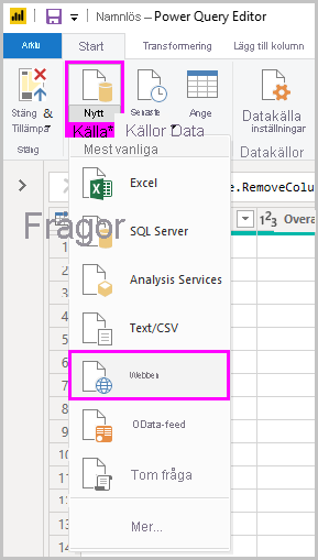 Skärmbild av Power BI Desktop som visar Power Query-redigeraren väljer Webb från Ny källa.