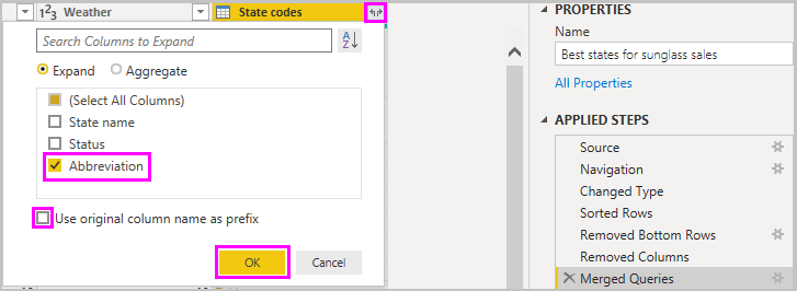 Skärmbild av Power BI Desktop som visar kolumnen Förkortning av delstatskoder.