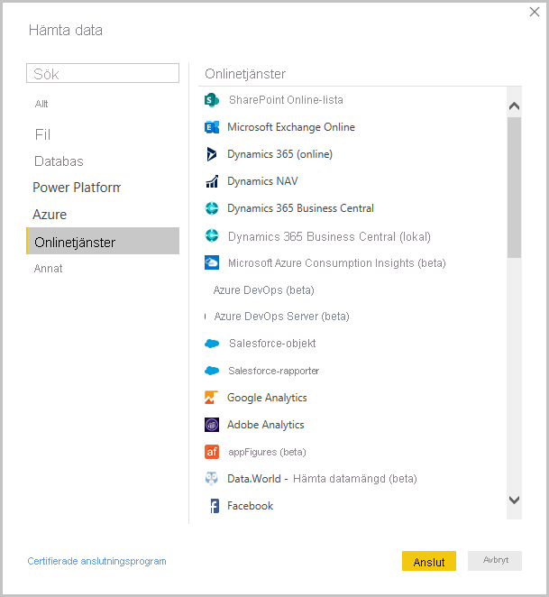 Screenshot of Power BI Desktop showing the Get Data dialog box.