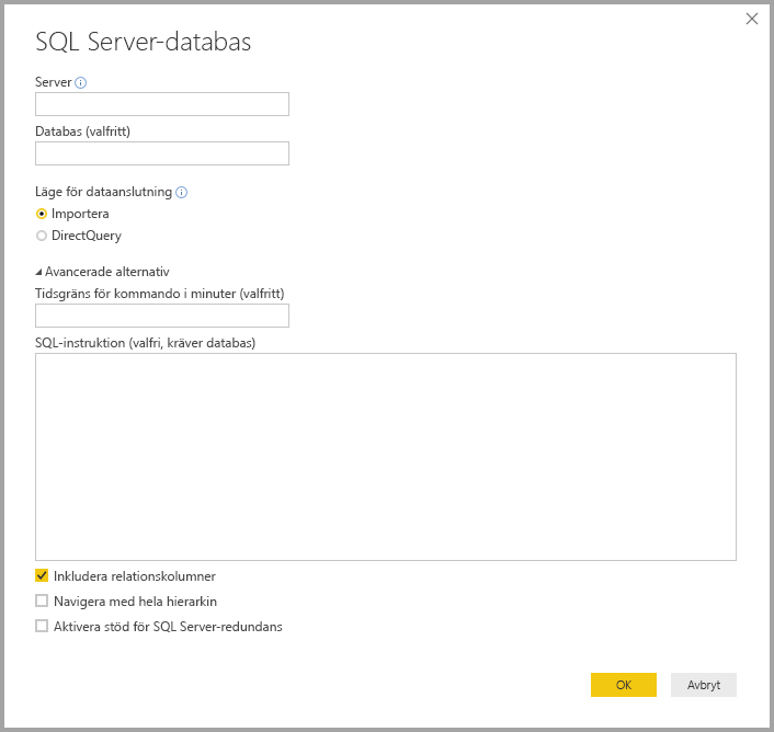 Screenshot of Power BI Desktop showing SQL Server database dialog box.