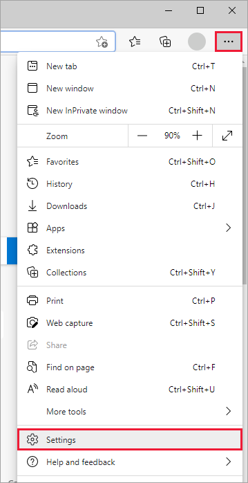 Skärmbild av Edge som visar ikonen Inställningar och mer.