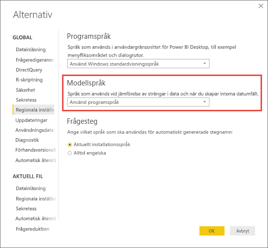 Skärmbild av Power BI Desktop som visar hur du anger modellspråket.