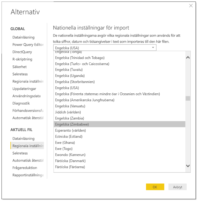 Skärmbild av Power BI Desktop som visar dialogrutan Alternativ.