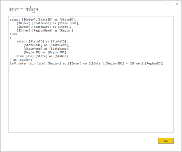 Skärmbild av Power BI Desktop som visar fönstret Intern fråga. En frågesats kopplar ihop två källtabeller.