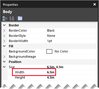Skärmbild som visar fönstret Egenskaper och visar egenskapen för rapportens brödtextbredd.