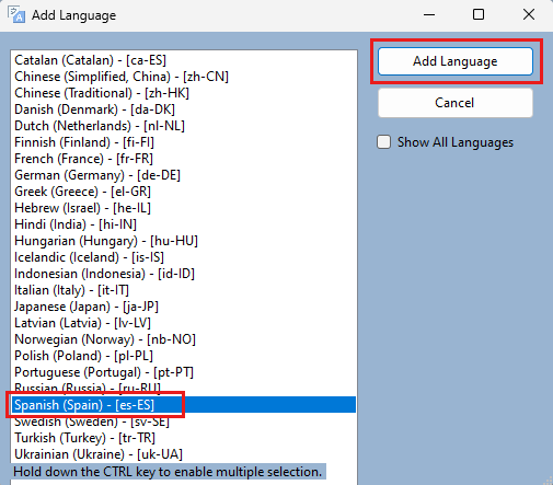 Screenshot shows the Add Language button in Translations Builder.