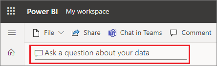 Skärmbild som visar en Power BI-instrumentpanel med ett alternativ för att ställa en fråga om dina data.