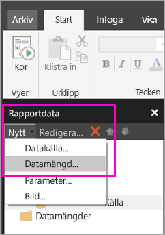 Skärmbild som visar alternativet att skapa en ny datauppsättning.