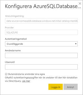 Skärmbild av dialogrutan för att konfigurera Azure SQL Database.