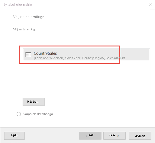 Skärmbild av dialogrutan Välj en datauppsättning.
